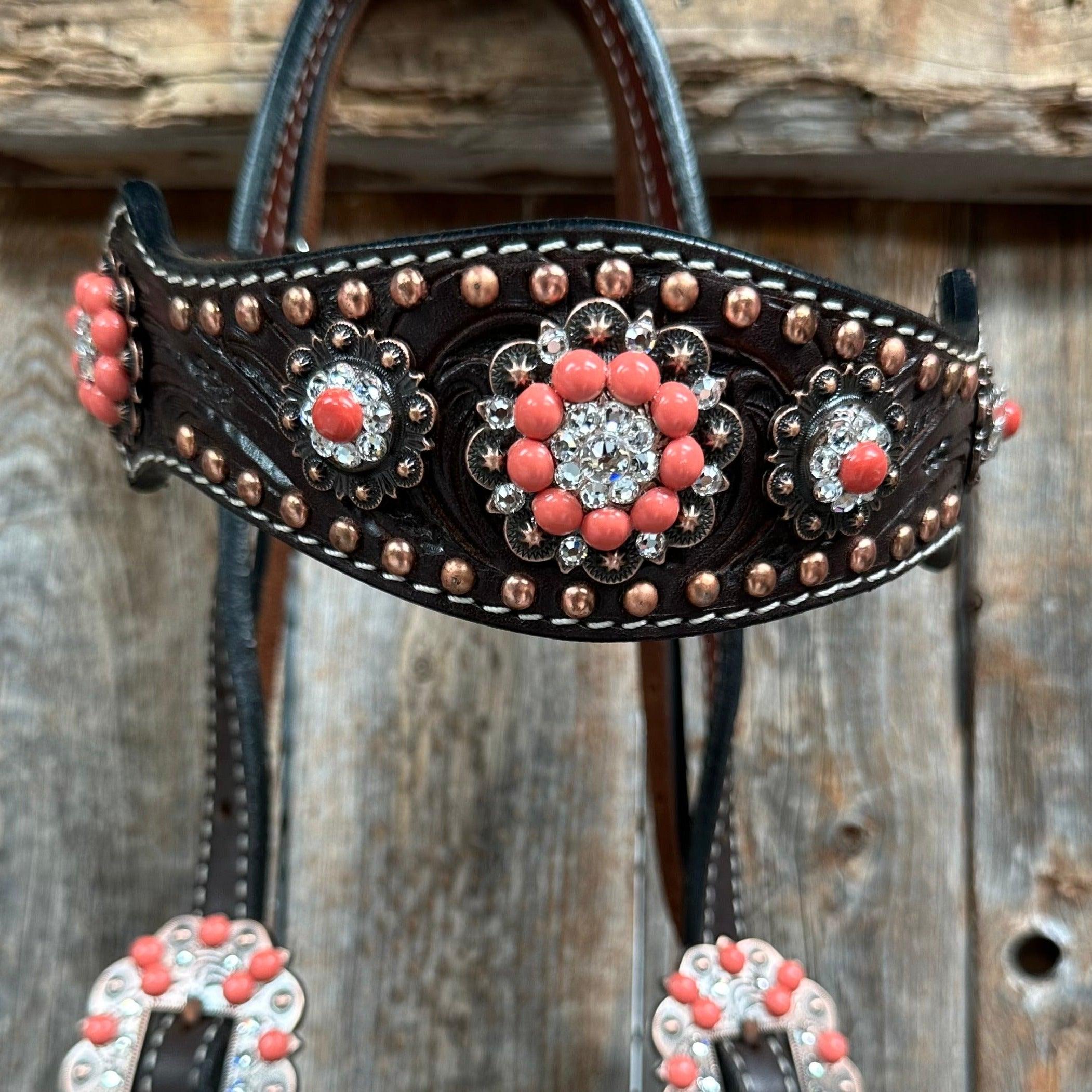 Dark Oil Floral Copper Dot Copper and Coral Browband / Breastcollar #BBBC547 - RODEO DRIVE