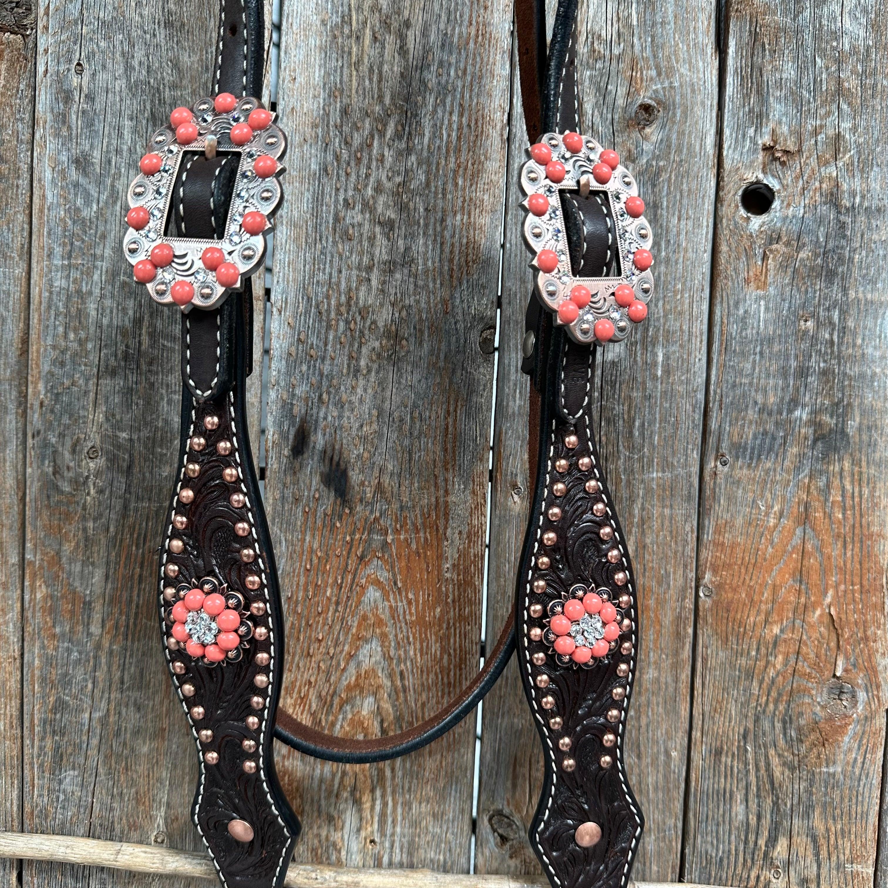 Dark Oil Floral Copper Dot Copper and Coral Browband / Breastcollar #BBBC547 - RODEO DRIVE