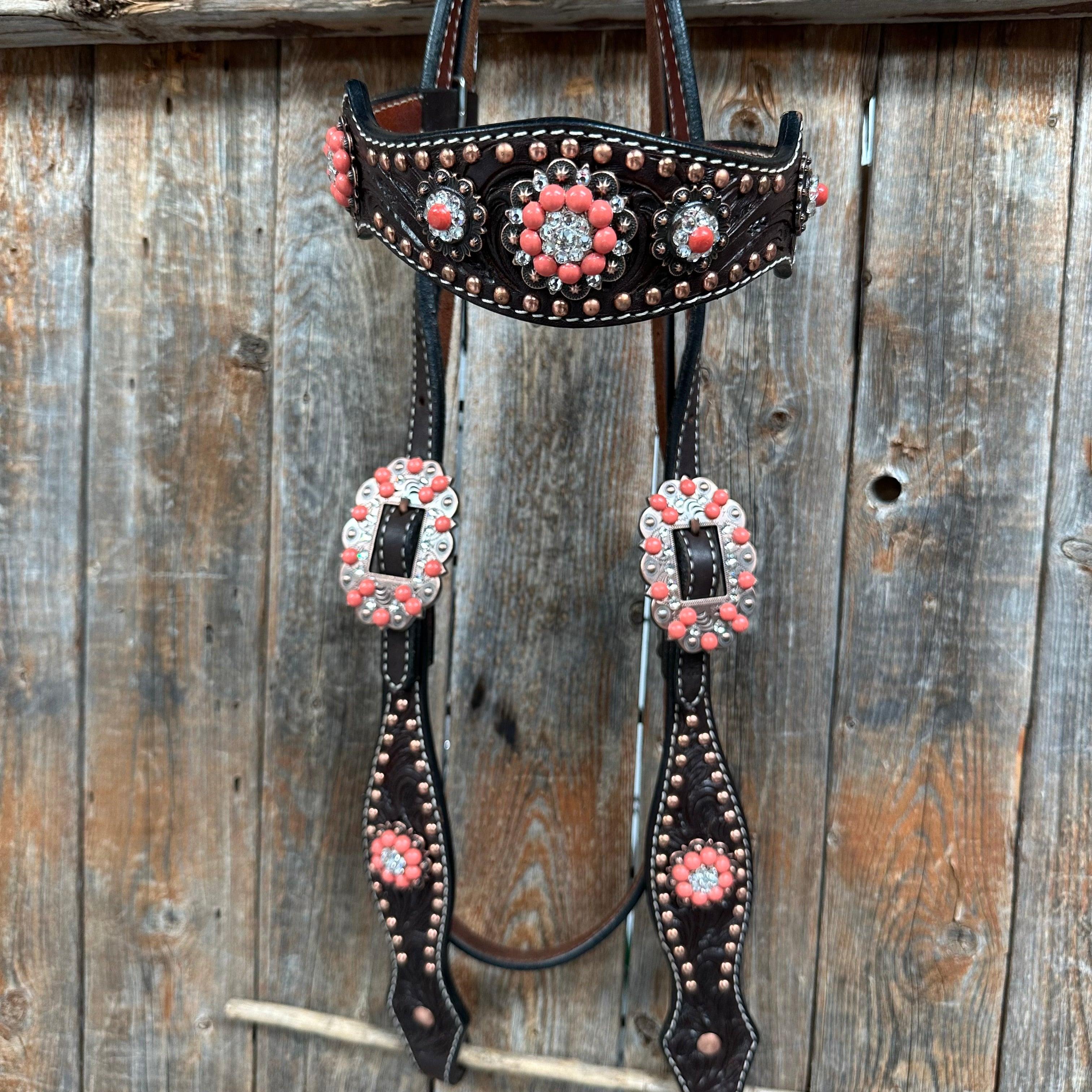 Dark Oil Floral Copper Dot Copper and Coral Browband / Breastcollar #BBBC547 - RODEO DRIVE