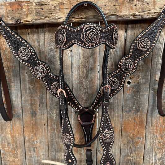 Copper Dot Honeycomb Rose Browband / One Ear Tack Set #BBBC554 - RODEO DRIVE
