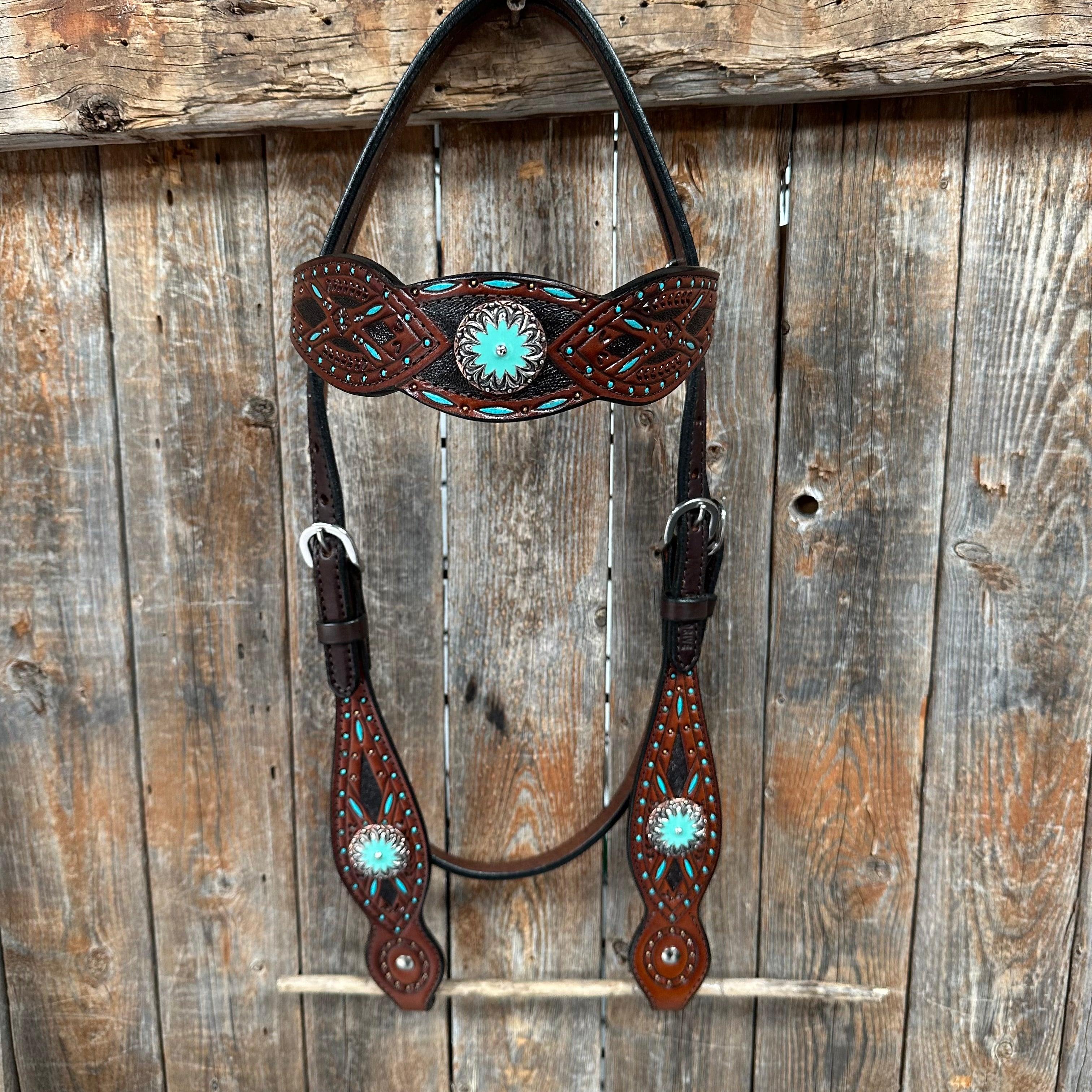Dark Oil Hand Painted Antique Silver Turquoise Browband/One Ear and Breastcollar #BBBC555 - RODEO DRIVE