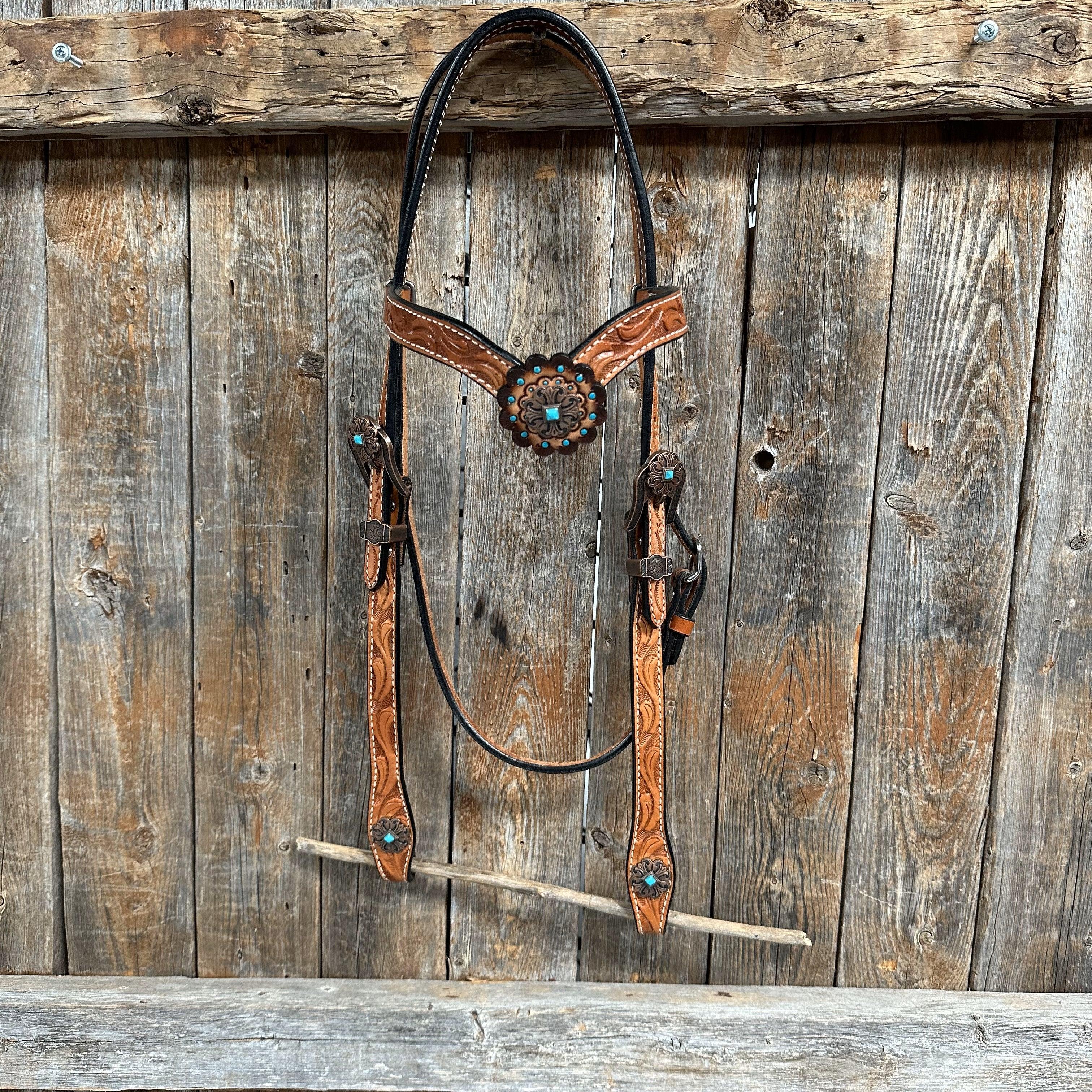 Light Oil V Brow Copper and Turquoise Browband & Breastcollar Tack Set #BBBC557 - RODEO DRIVE