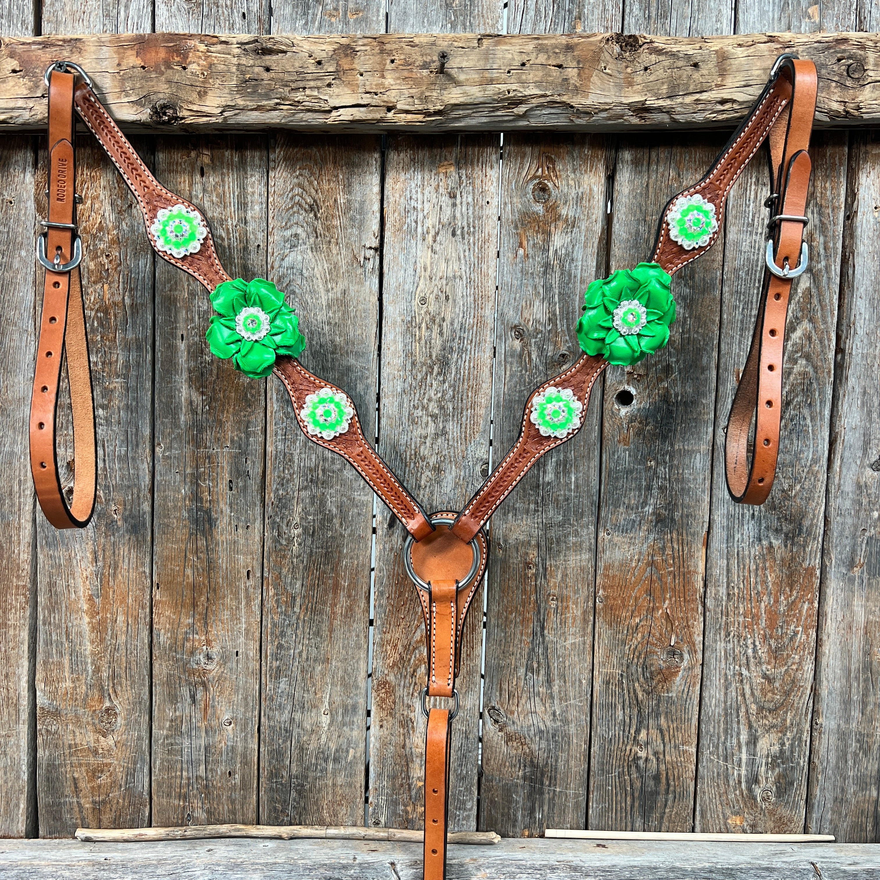 Light Oil Basketweave Neon Green - AB Browband/One Ear Tack Set  #BBBC608