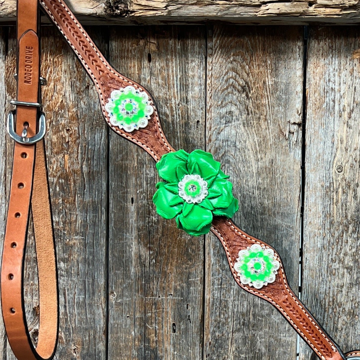 Light Oil Basketweave Neon Green - AB Browband/One Ear Tack Set  #BBBC608