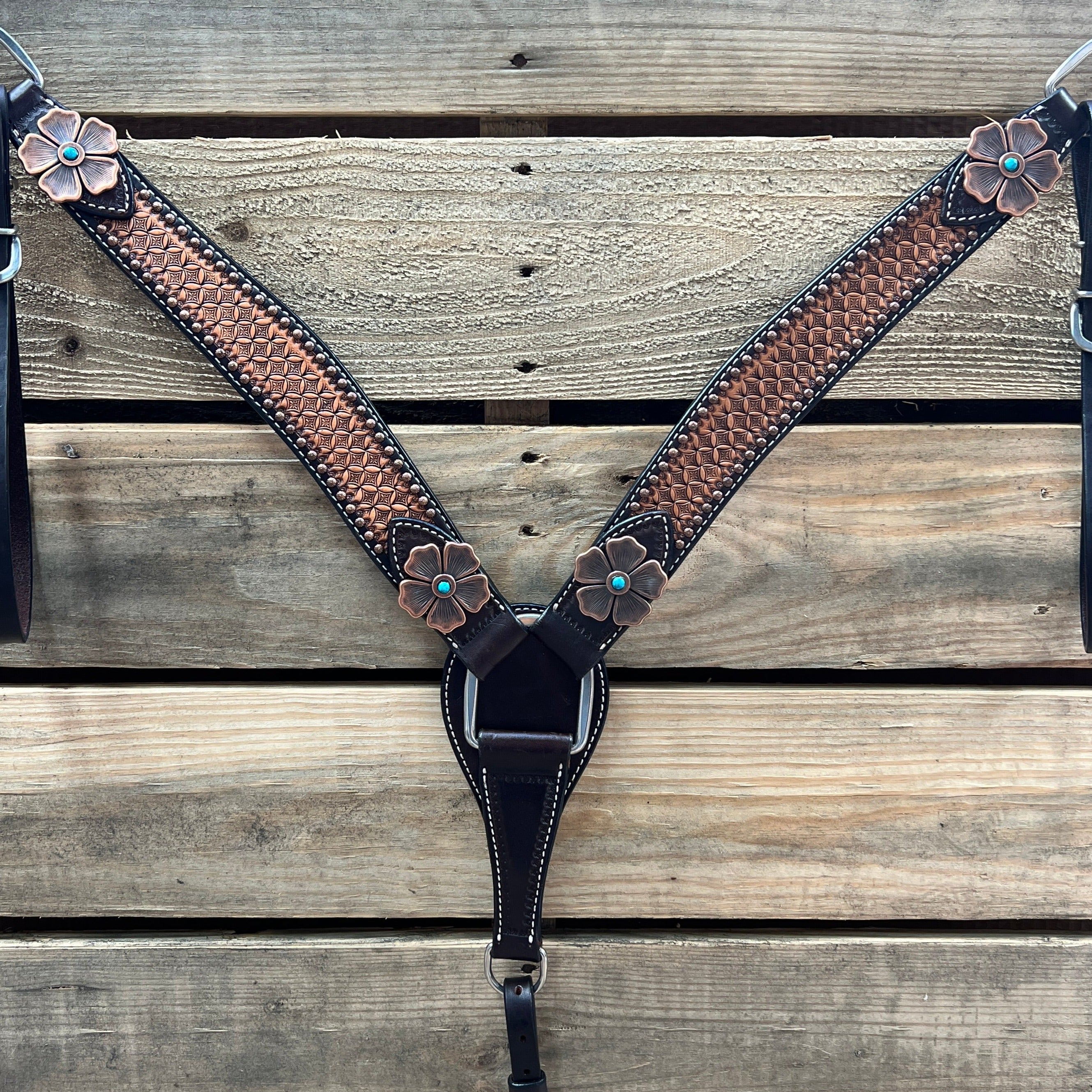 Two Tone Honeycomb Copper Flower Browband/One Ear Headstall & Breastcollar Tack Set #BBBC610