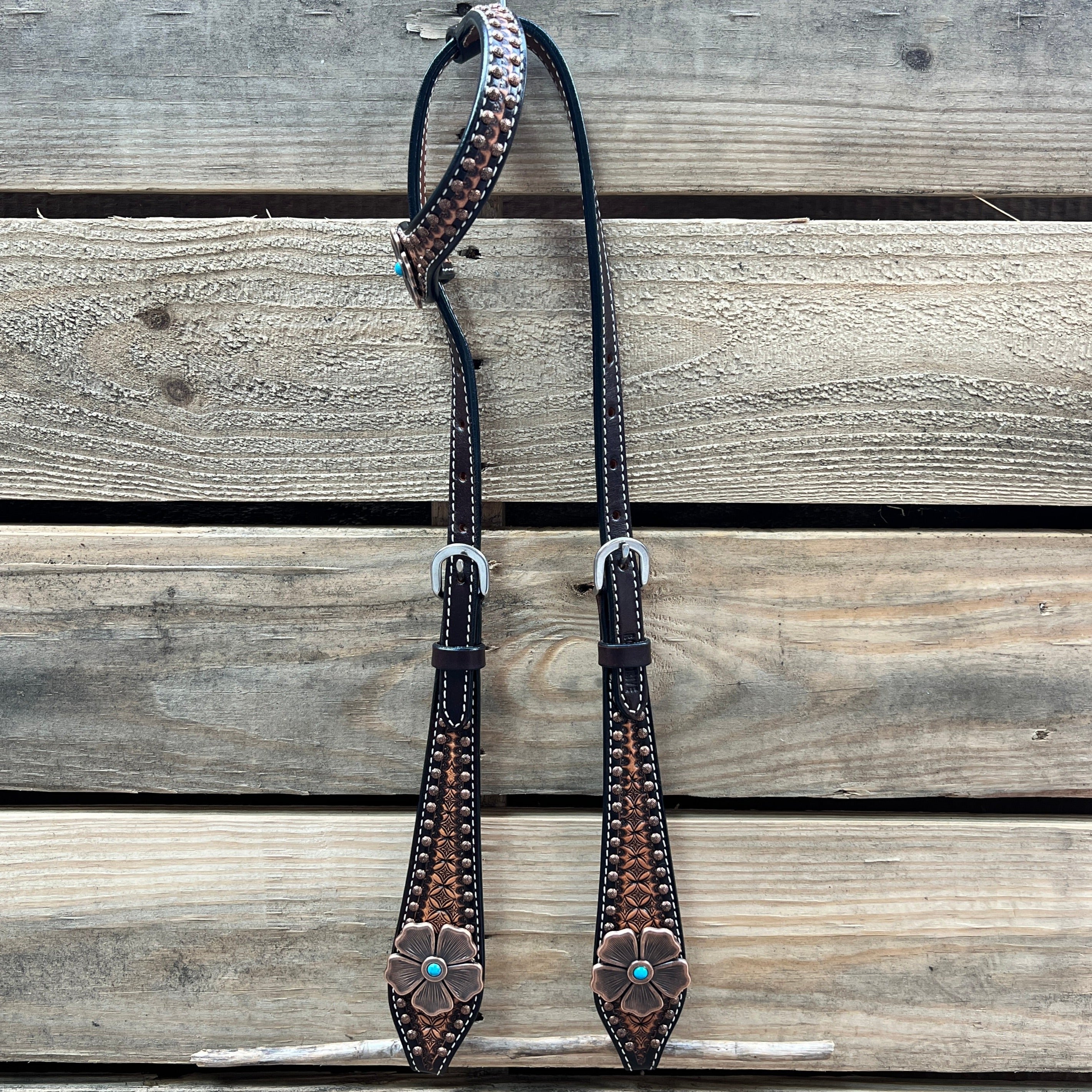 Two Tone Honeycomb Copper Flower Browband/One Ear Headstall & Breastcollar Tack Set #BBBC610