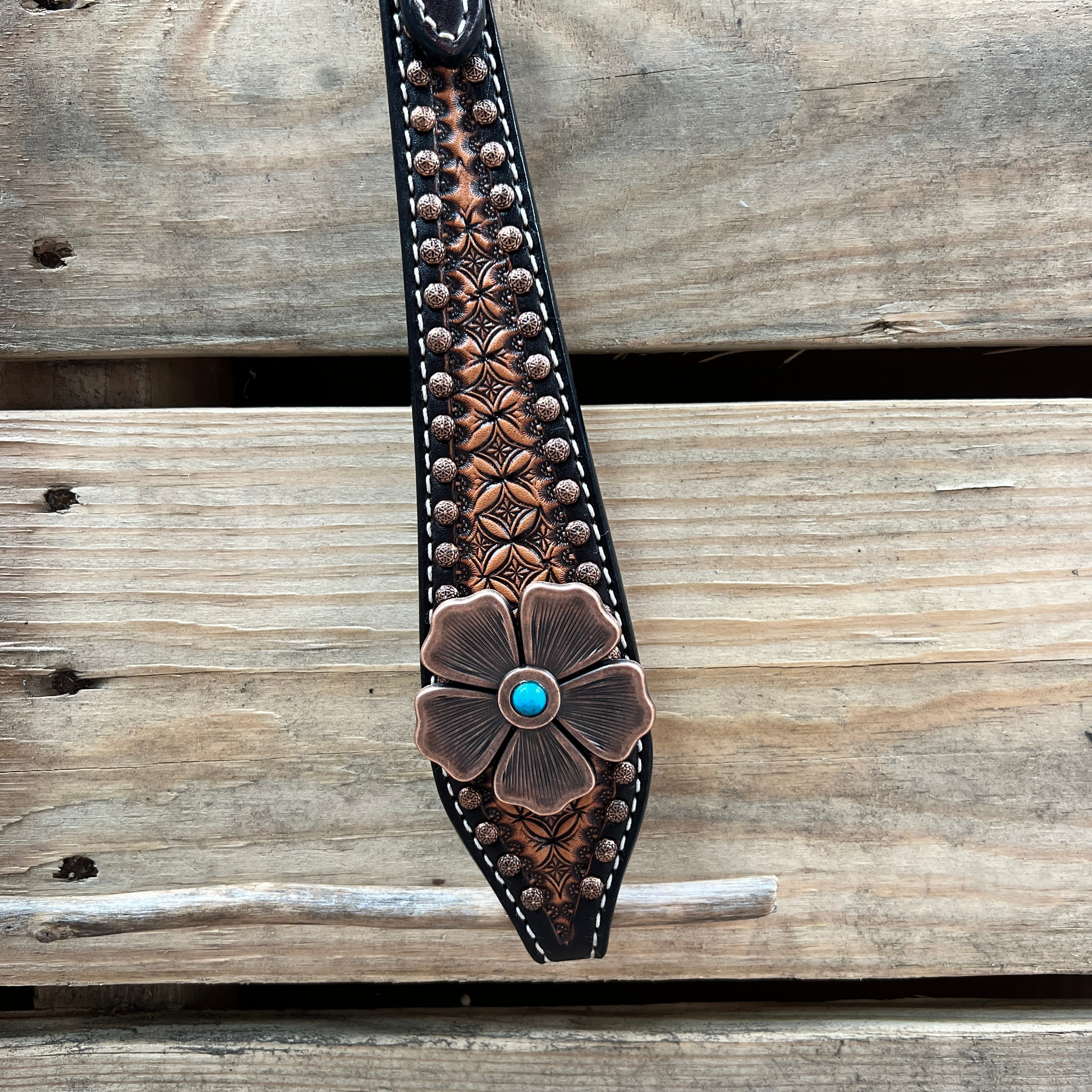 Two Tone Honeycomb Copper Flower Browband/One Ear Headstall & Breastcollar Tack Set #BBBC610
