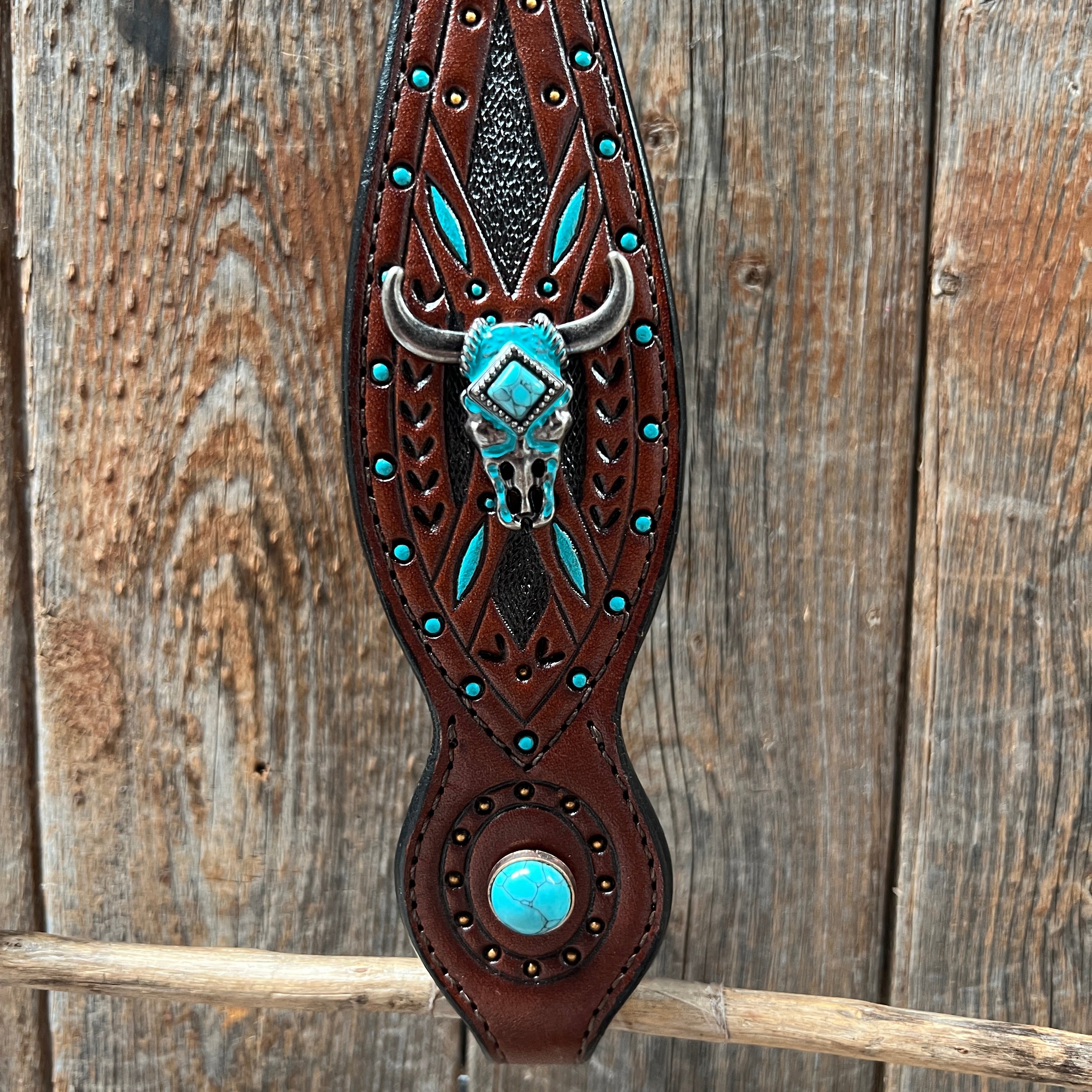 Dark Oil Hand Painted Steer Head and Turquoise Browband/One Ear and Breastcollar Tack Set #BBBC488