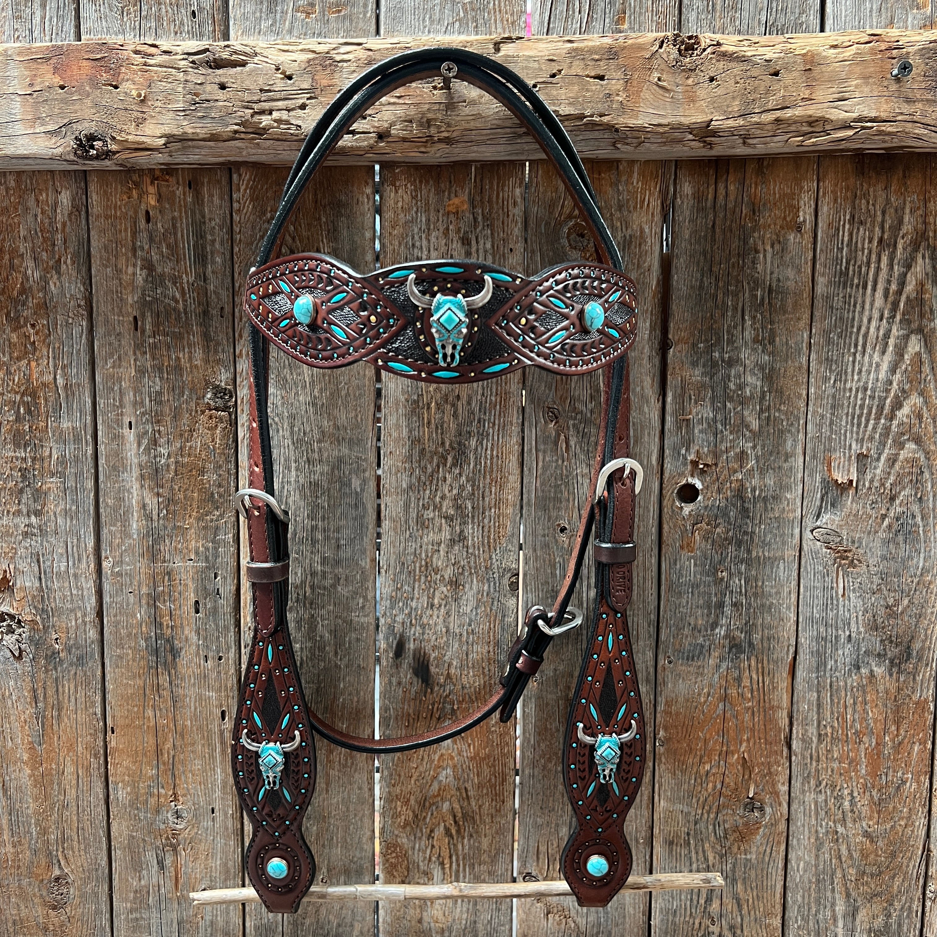 Dark Oil Hand Painted Steer Head and Turquoise Browband/One Ear and Breastcollar Tack Set #BBBC488
