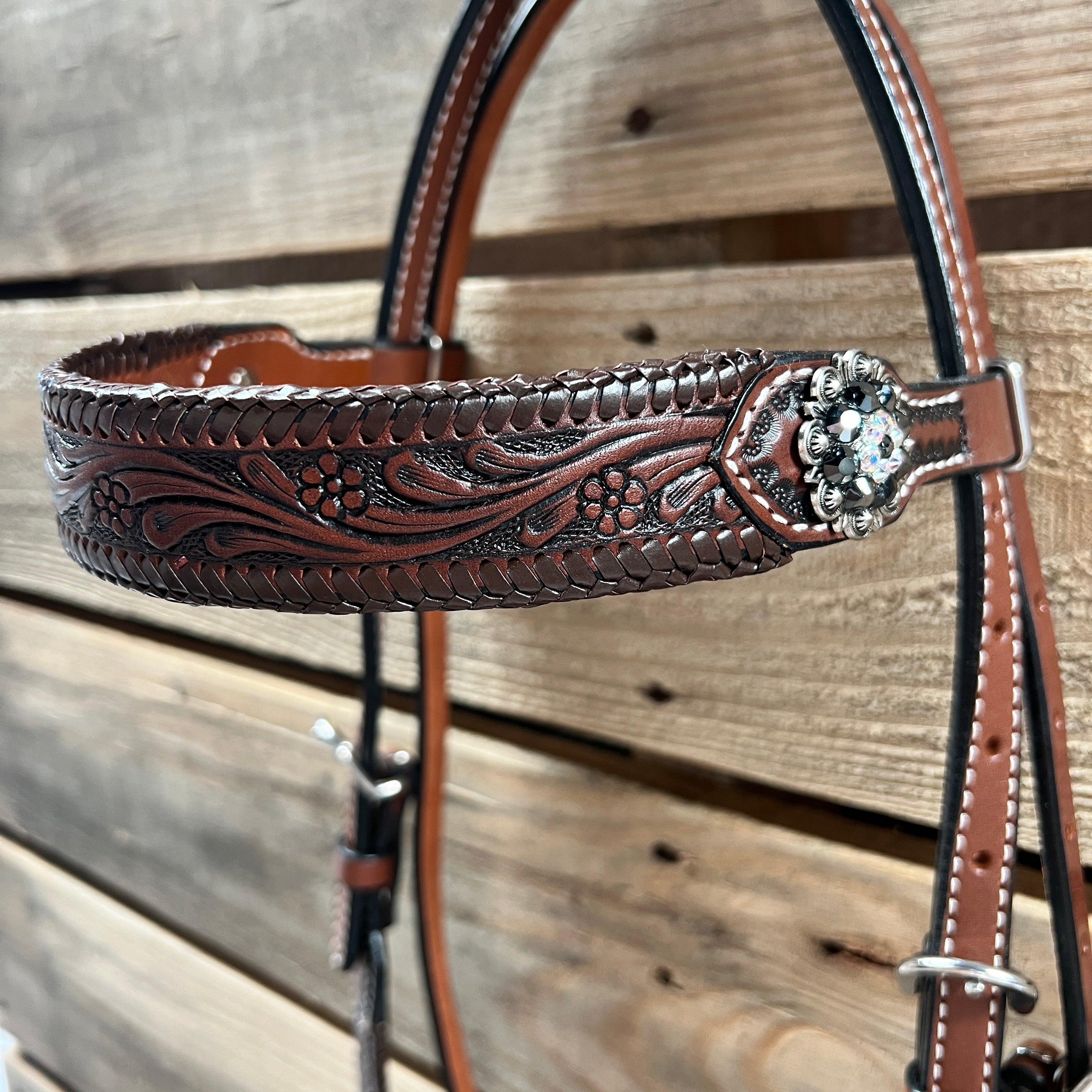 Dark Oil Braid Jet and AB Browband / One Ear Tack Set  #BBBC626