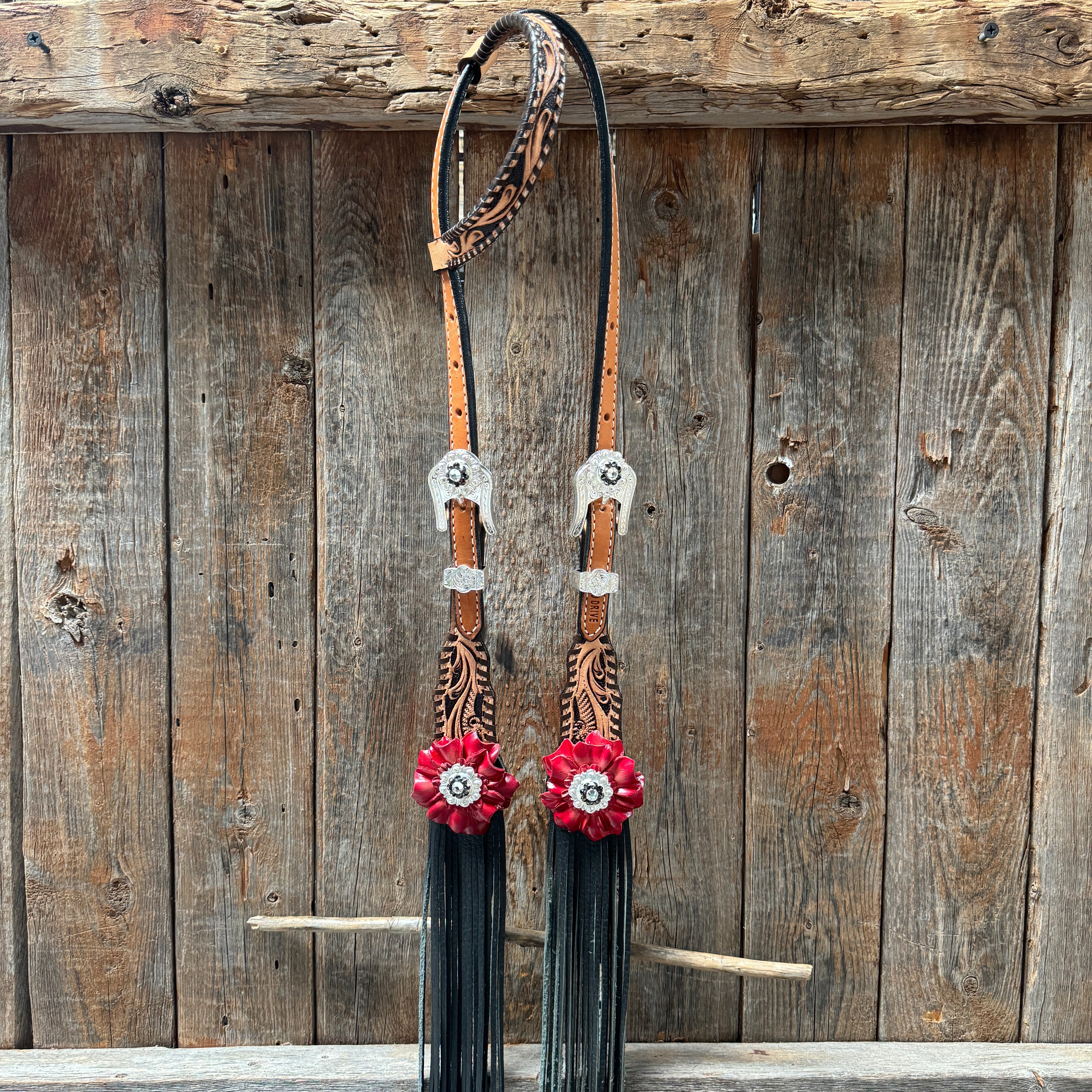 Floral Whipstitch Black and Red Browband / One Ear - Triangle / Gladiator Breastcollar Tack Set #BBBC642