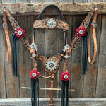 Floral Whipstitch Black and Red Browband / One Ear - Triangle / Gladiator Breastcollar Tack Set #BBBC642