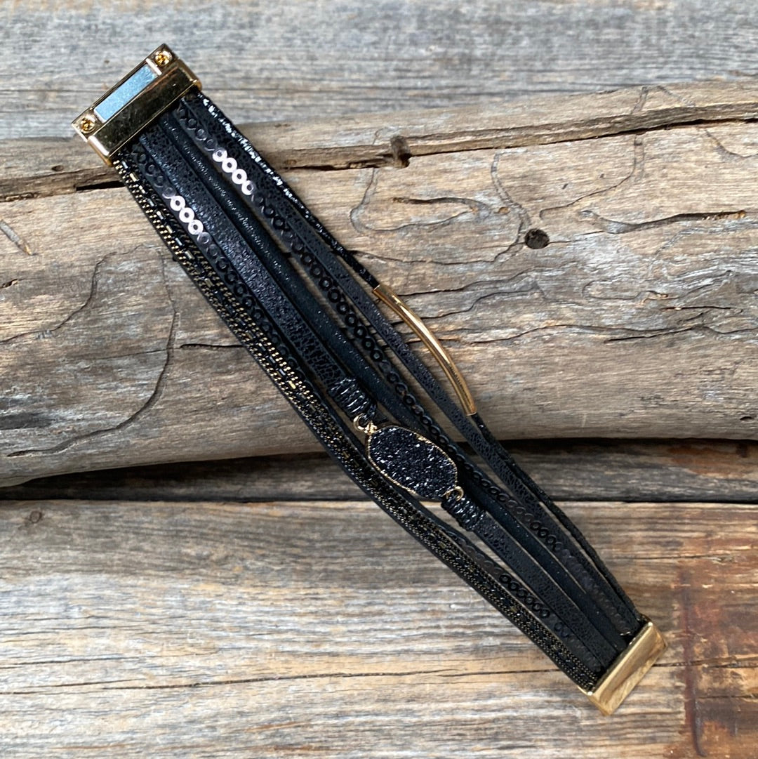 Black Stone and Leather Fashion Bracelet XI134