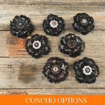 Black Gardenia Leather Flowers - 1" Crystal Conchos - Options