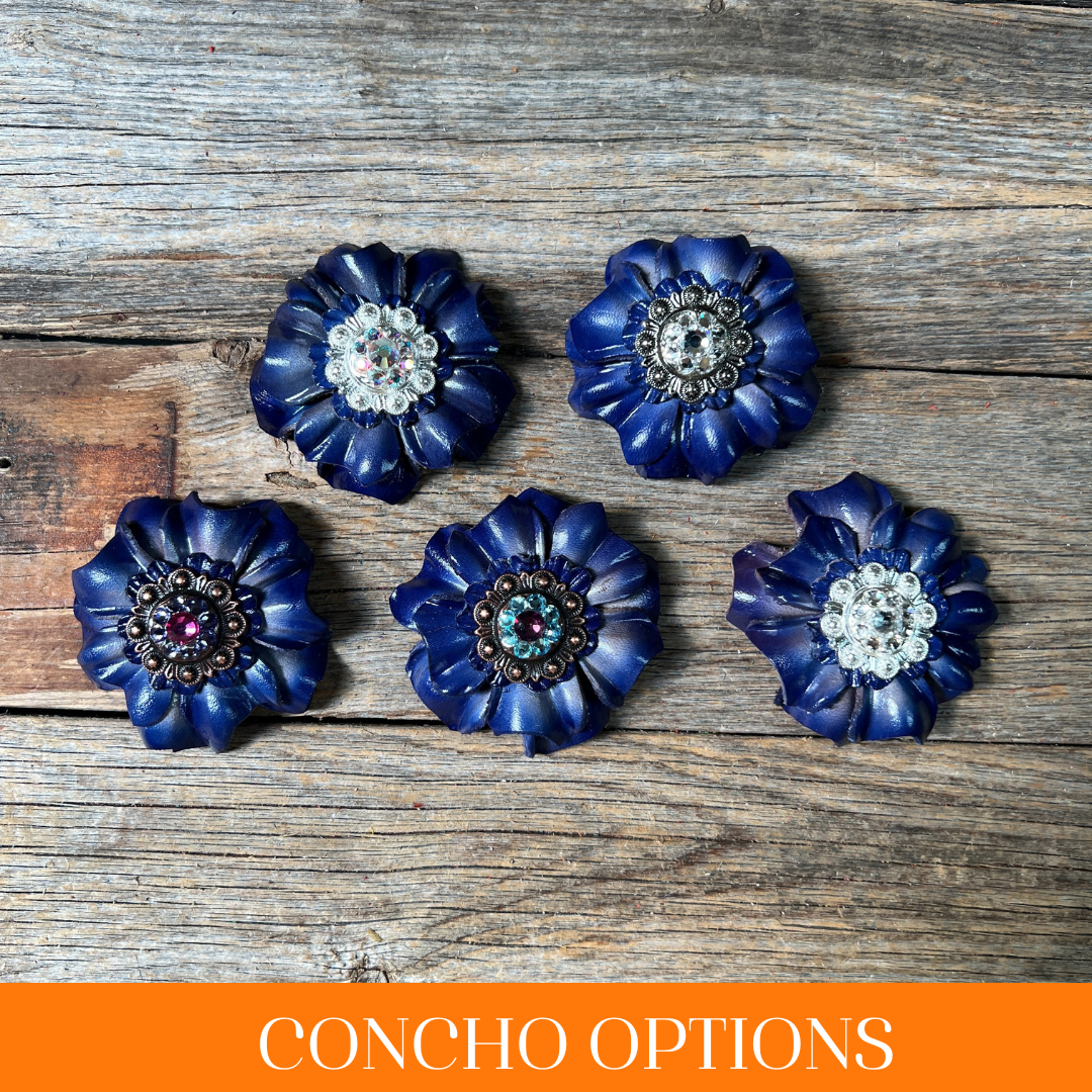 Blue Carnations Leather Flowers - 1" Crystal Conchos - Options