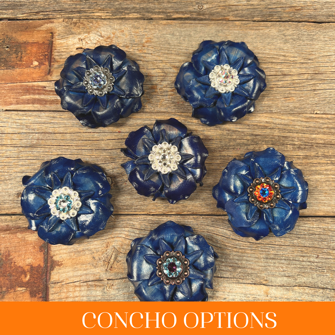 Blue Gardenia Leather Flowers - 1" Crystal Conchos - Options