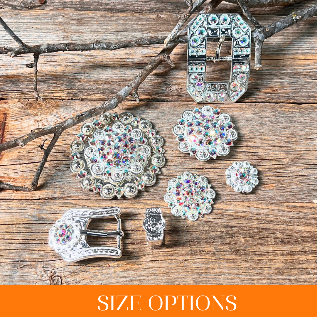 Bright Silver AB Crystal Conchos - Sizes from 1"- 3" and Buckles