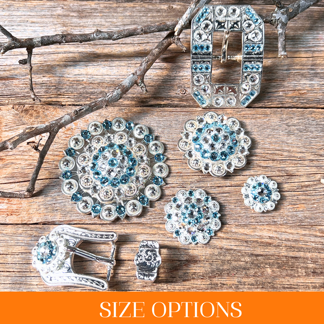 Bright Silver Aqua - Clear Crystal Conchos - Sizes from 1"- 3" and Buckles