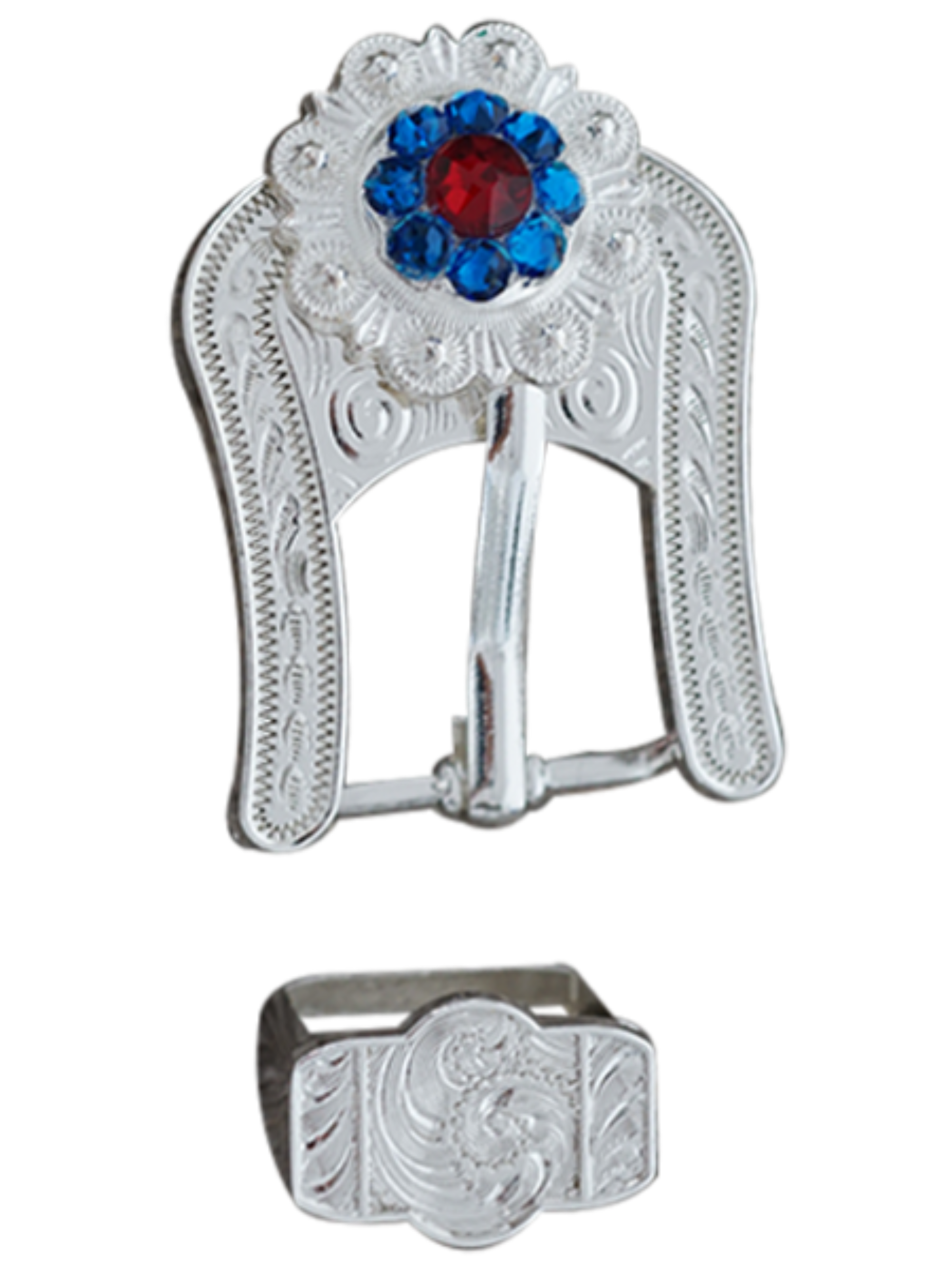 Bright Silver Red - White - Blue Crystal Conchos - Sizes from 1"- 3" and Buckles