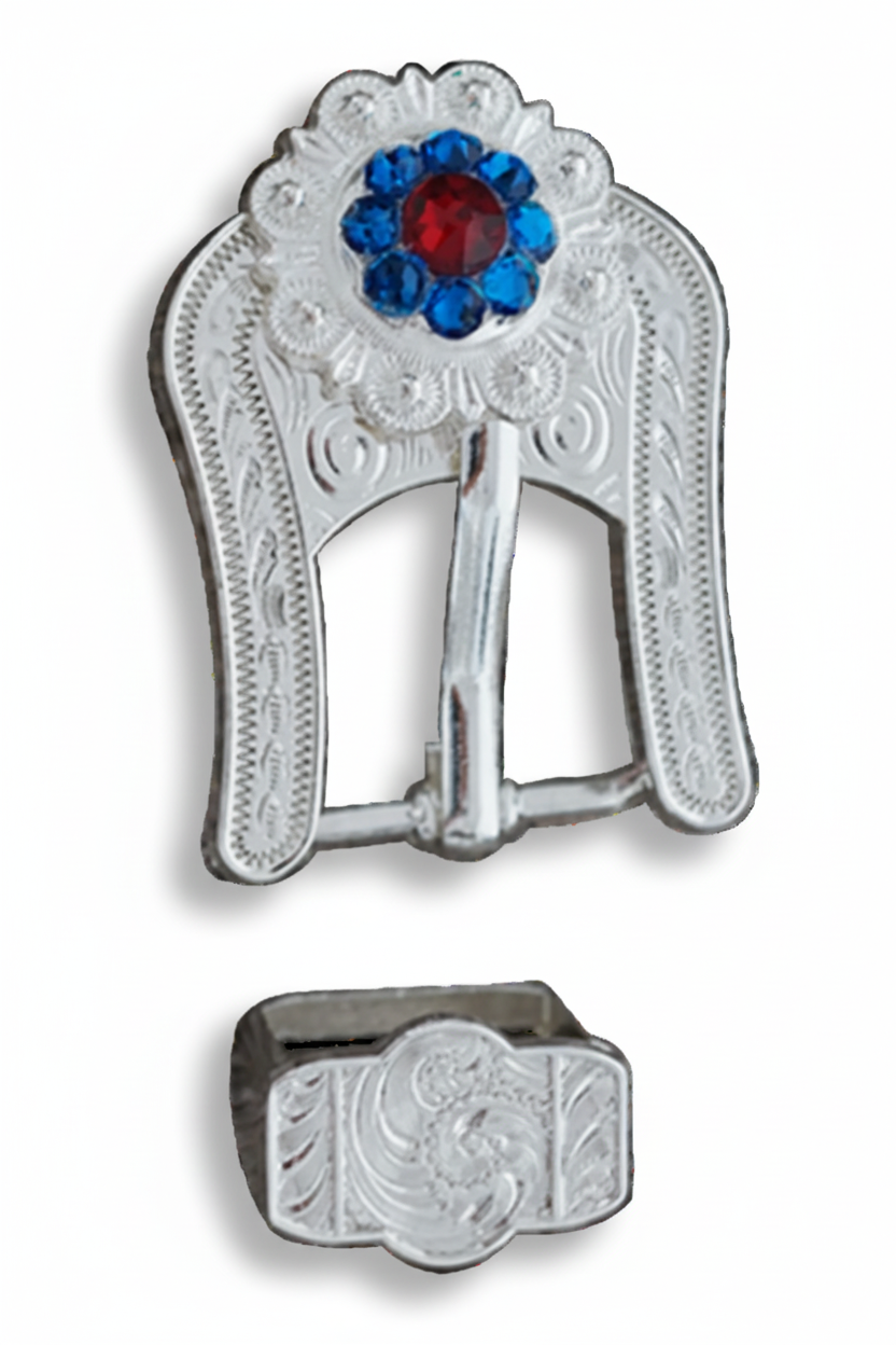 Bright Silver Red - White - Blue Crystal Conchos | Sizes 1"- 3" | Buckles | Saddle Set | Leather Rosettes | Slide