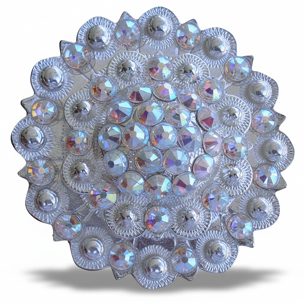 Bright Silver AB Crystal Conchos | Sizes 1"- 3" | Buckles | Saddle Set | Leather Rosettes | Slide