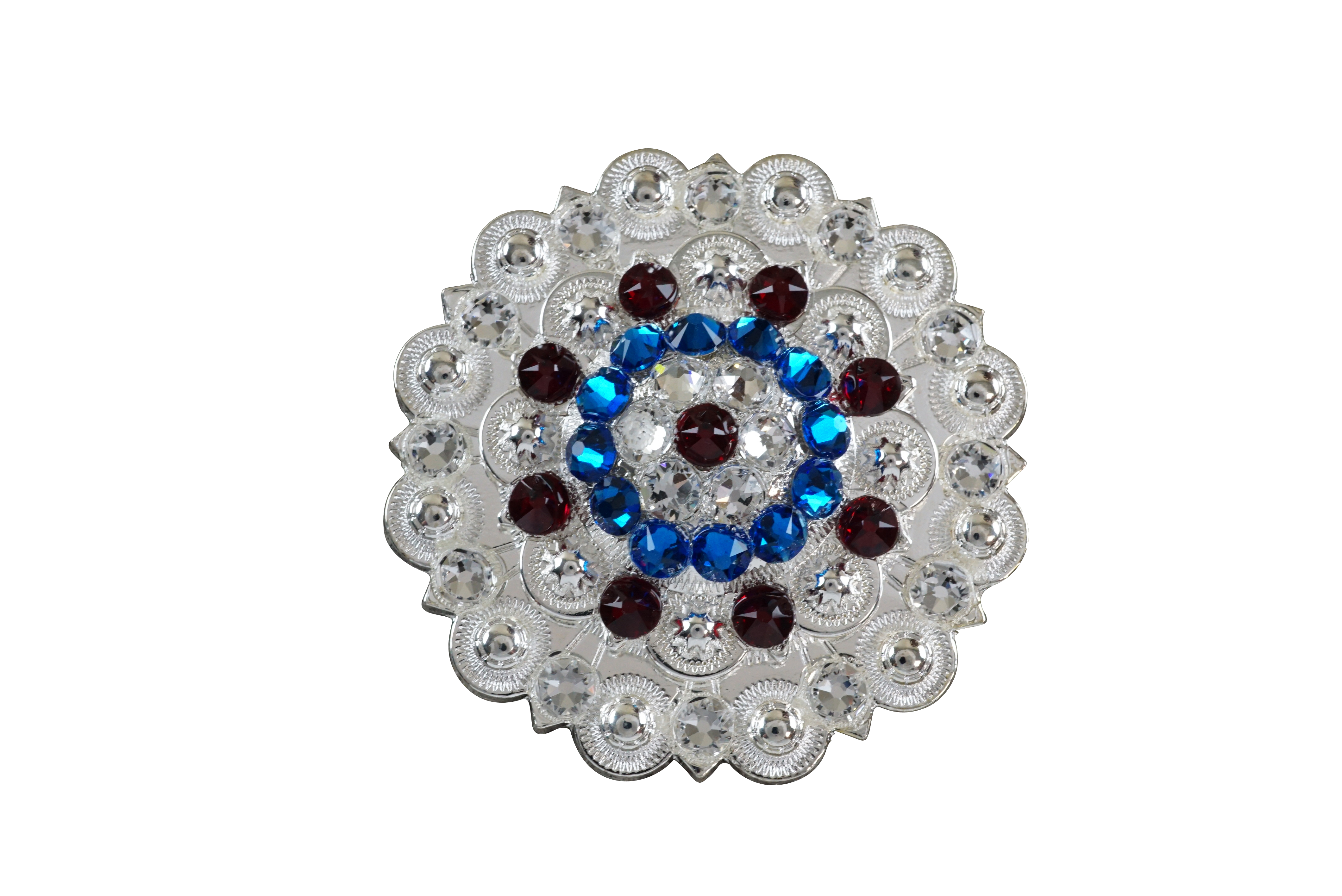 Bright Silver Red - White - Blue Crystal Conchos - Sizes from 1"- 3" and Buckles