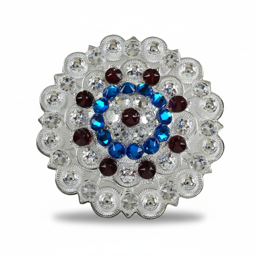 Bright Silver Red - White - Blue Crystal Conchos | Sizes 1"- 3" | Buckles | Saddle Set | Leather Rosettes | Slide