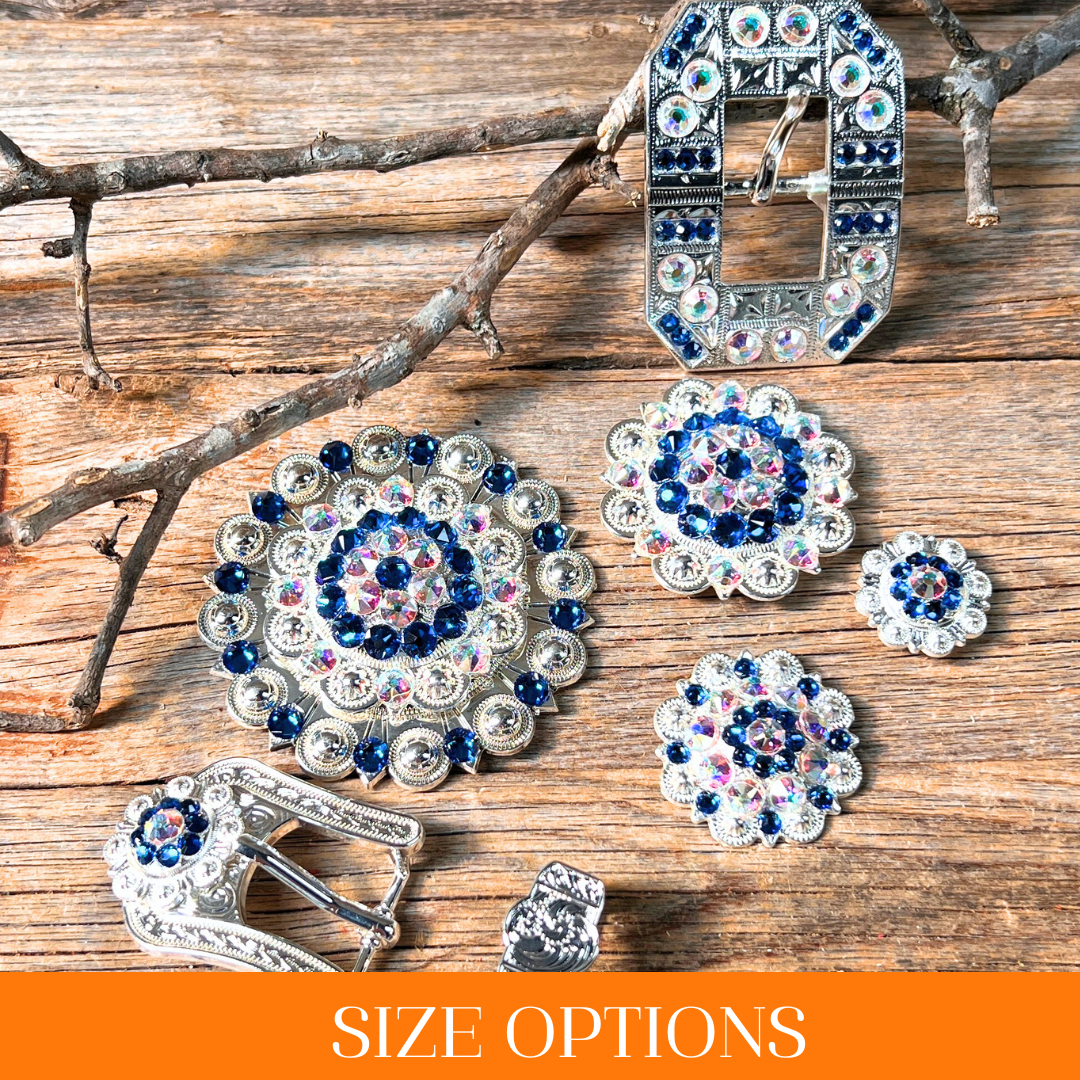 Bright Silver Capri & AB Crystal Conchos - Sizes from 1"- 3" and Buckles