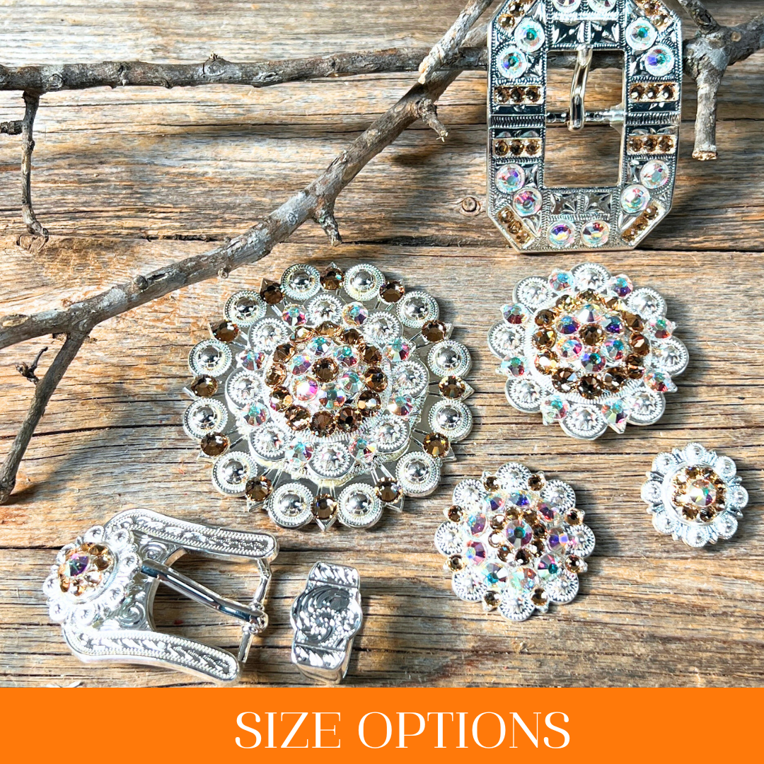 Bright Silver Champagne & AB Crystal Conchos - Sizes from 1"- 3" and Buckles