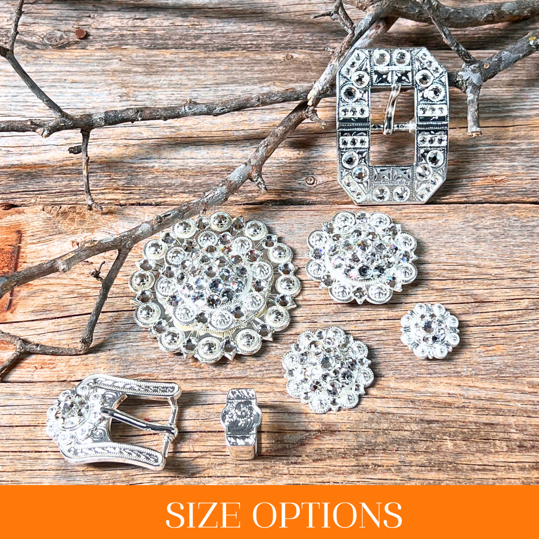 Bright Silver Clear Crystal Conchos - Sizes from 1"- 3" and Buckles