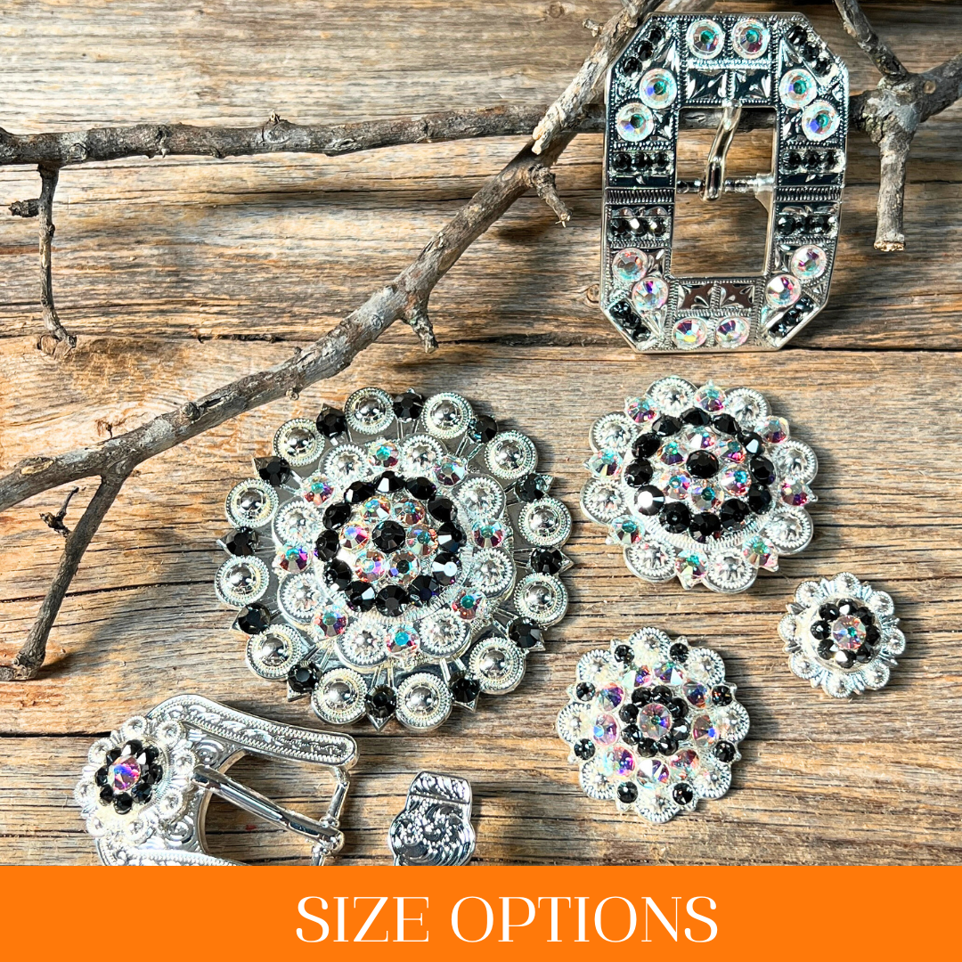 Bright Silver Jet & AB Crystal Conchos - Sizes from 1"- 3" and Buckles
