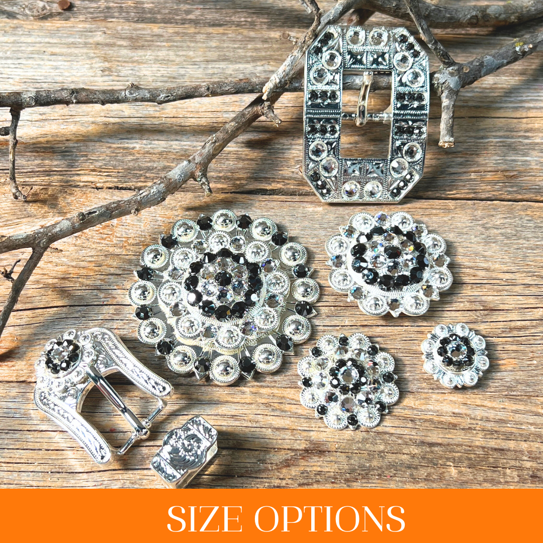 Bright Silver Jet & Clear Crystal Conchos - Sizes from 1"- 3" and Buckles