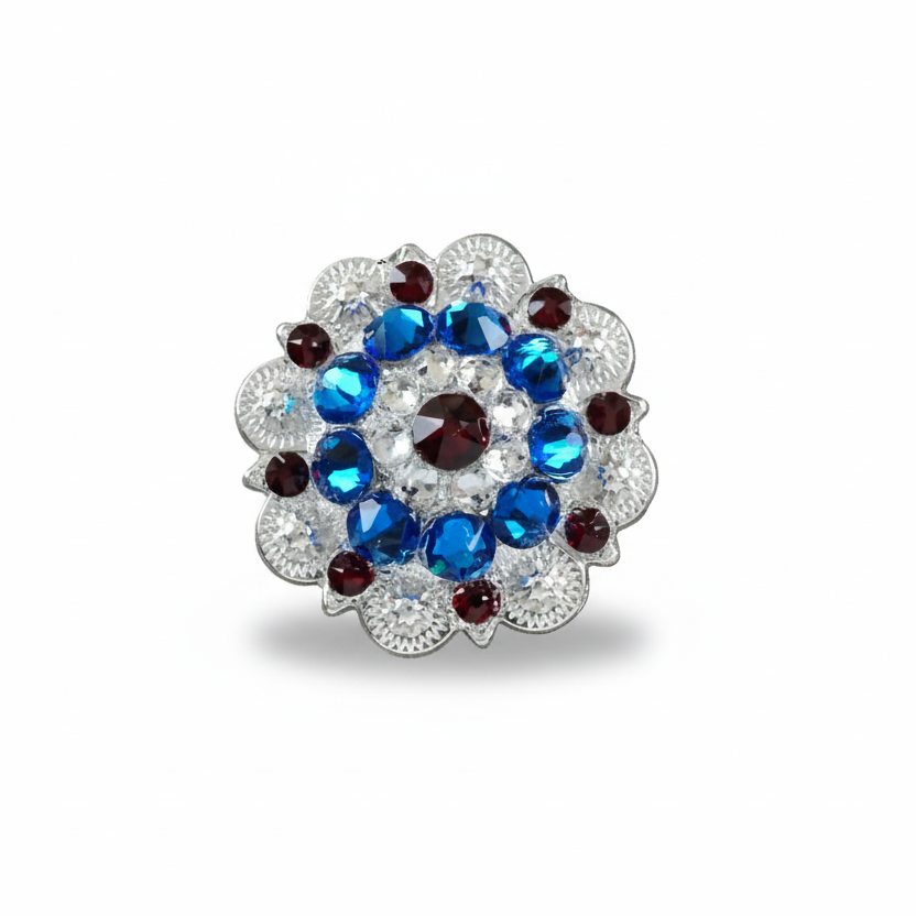 Bright Silver Red - White - Blue Crystal Conchos - Sizes from 1"- 3" and Buckles