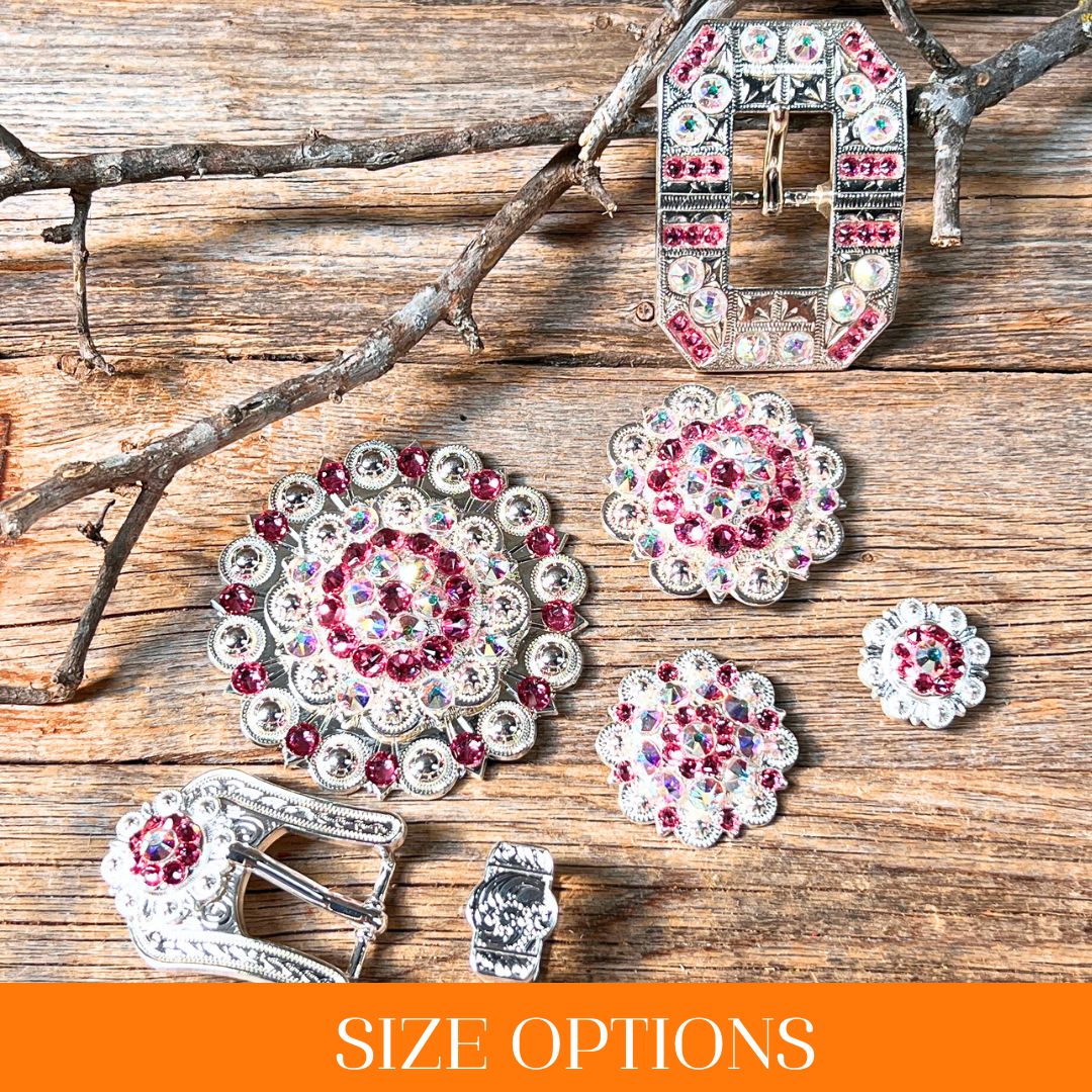 Bright Silver Pink & AB Crystal Conchos - Sizes from 1"- 3" and Buckles