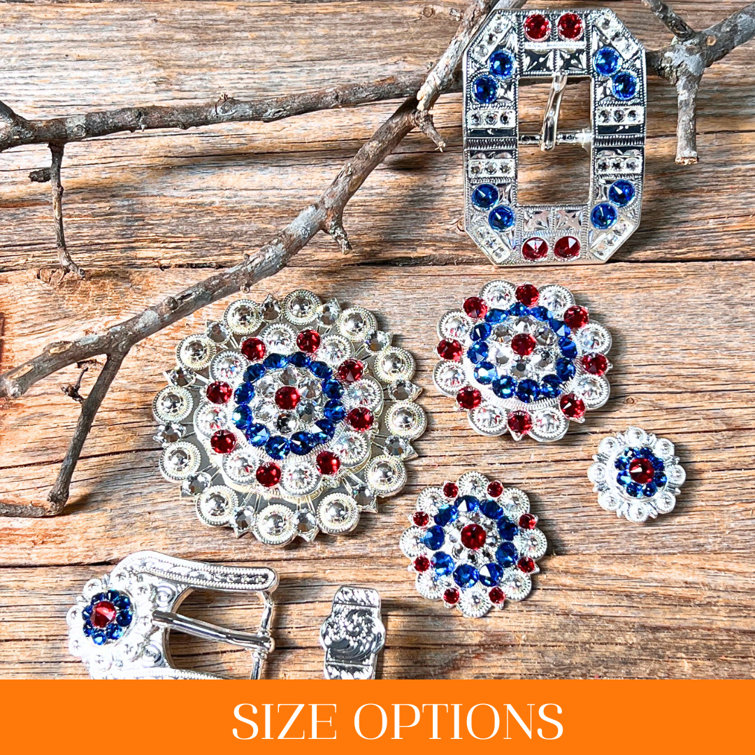 Bright Silver Red - White - Blue Crystal Conchos - Sizes from 1"- 3" and Buckles