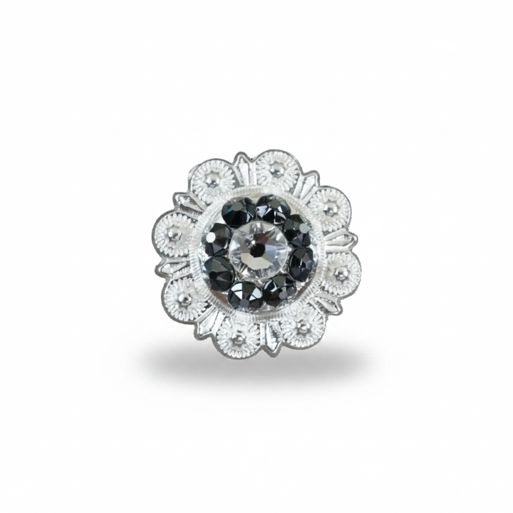Bright Silver Jet - Clear Crystal Conchos | Sizes 1"- 3" | Buckles | Saddle Set | Leather Rosettes | Slide