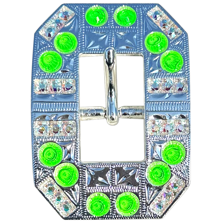 Neon Green and AB Bright Silver European Crystal Square Cart Buckle - RODEO DRIVE