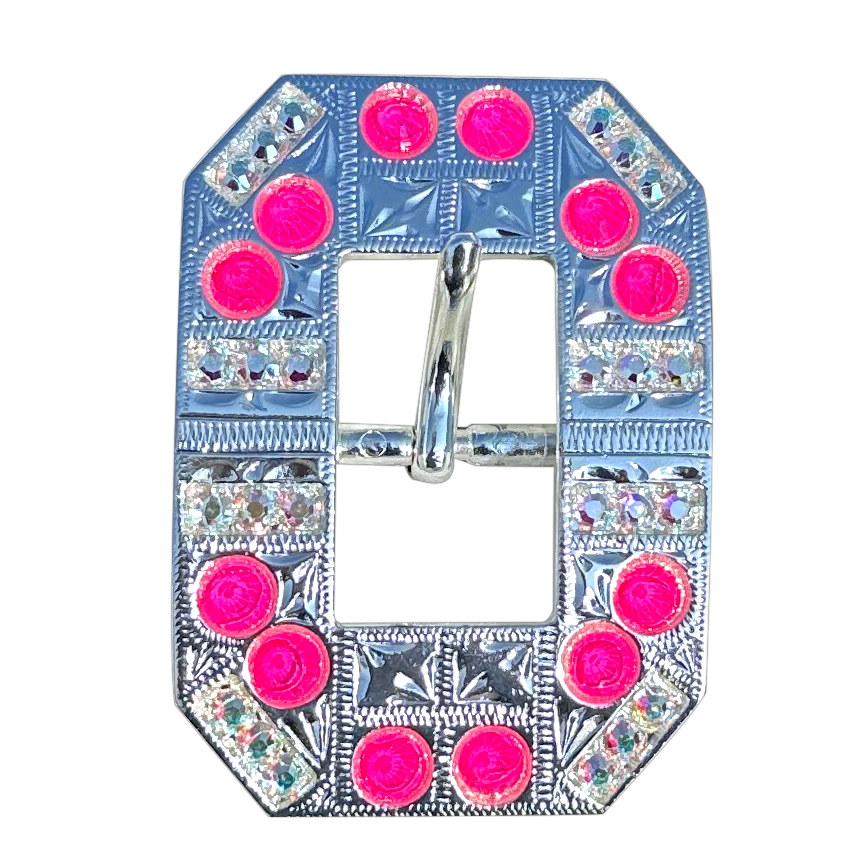 Neon Pink and AB Bright Silver European Crystal Square Cart Buckle - RODEO DRIVE