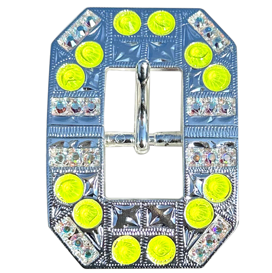 Neon Yellow and AB Bright Silver European Crystal Square Cart Buckle - RODEO DRIVE