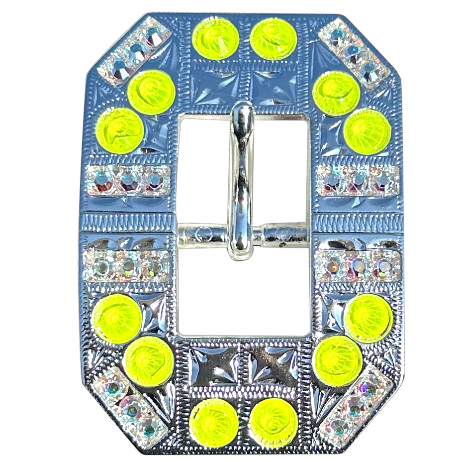 Neon Yellow and AB Bright Silver European Crystal Square Cart Buckle - RODEO DRIVE