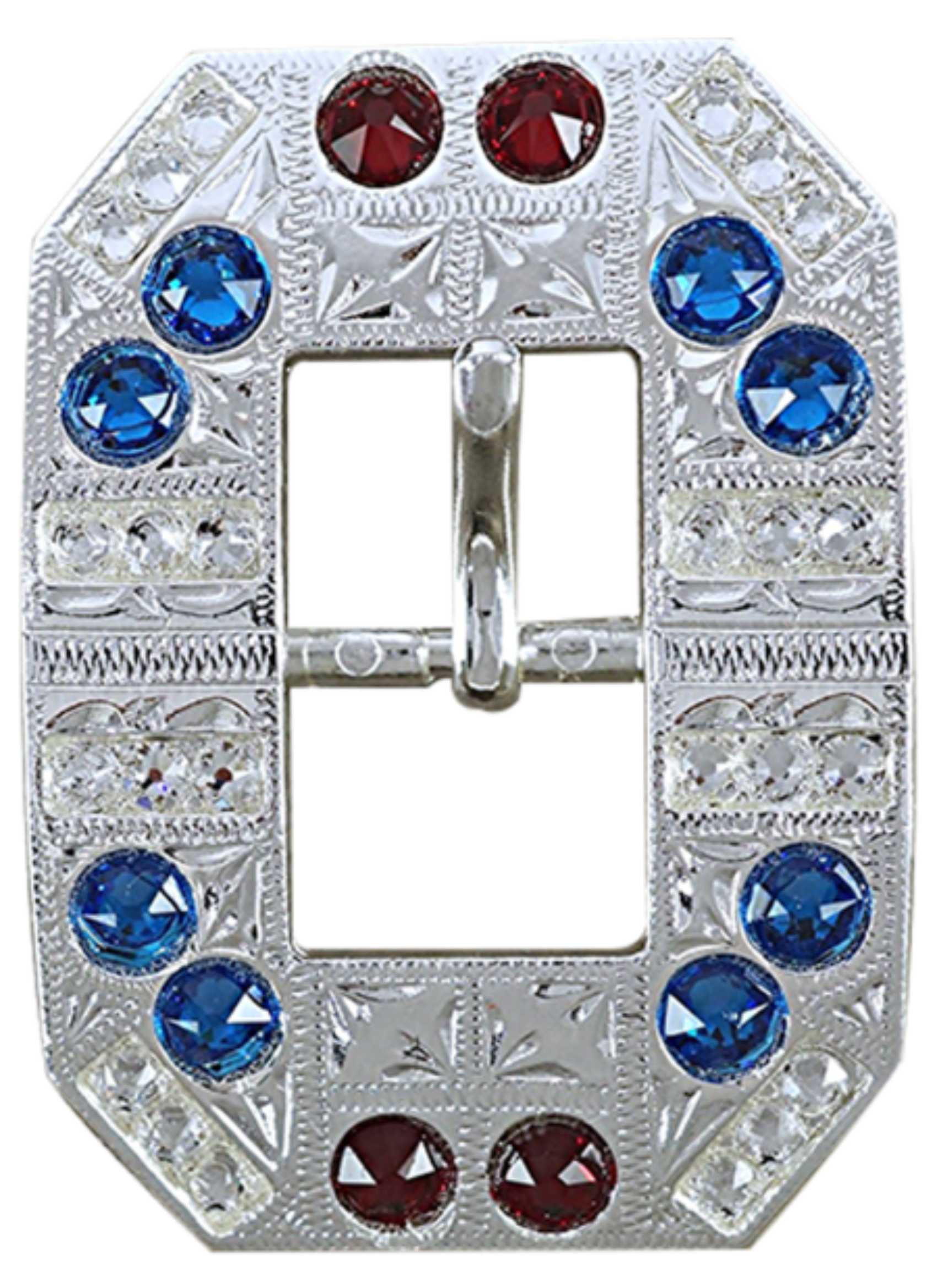 Bright Silver Red - White - Blue Crystal Conchos - Sizes from 1"- 3" and Buckles