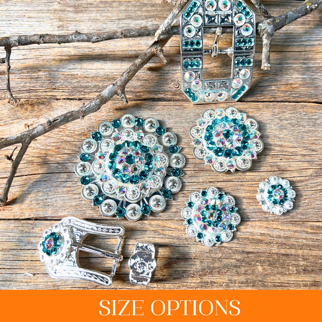 Bright Silver Teal & AB Crystal Conchos - Sizes from 1"- 3" and Buckles