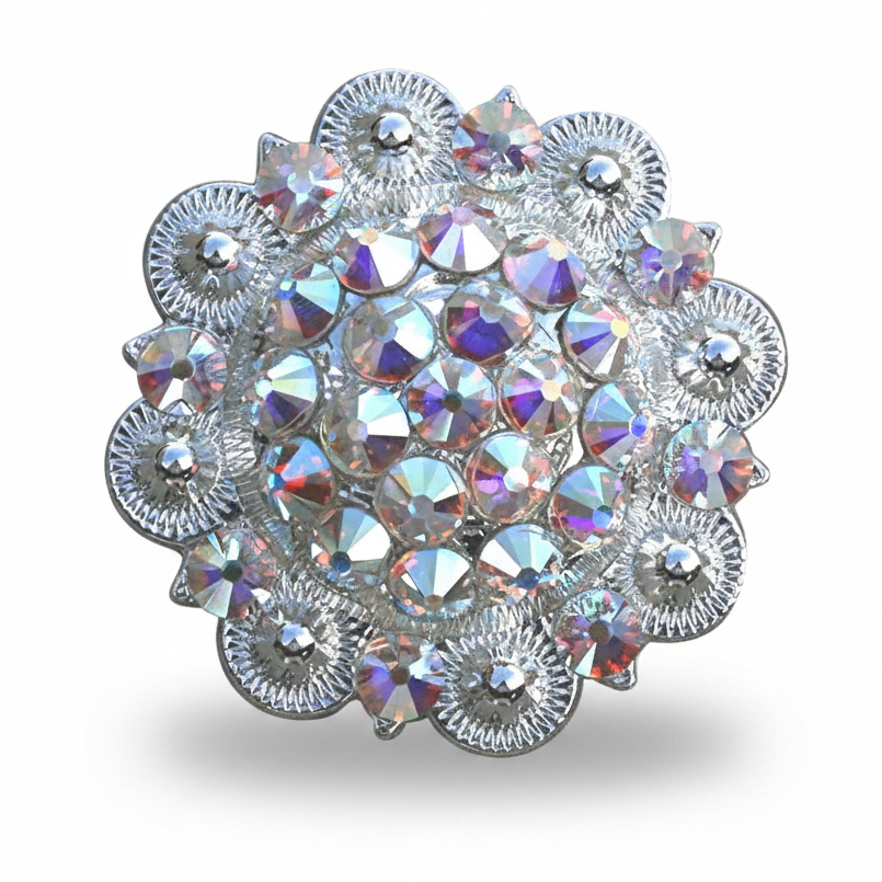 Bright Silver AB Crystal Conchos | Sizes 1"- 3" | Buckles | Saddle Set | Leather Rosettes | Slide