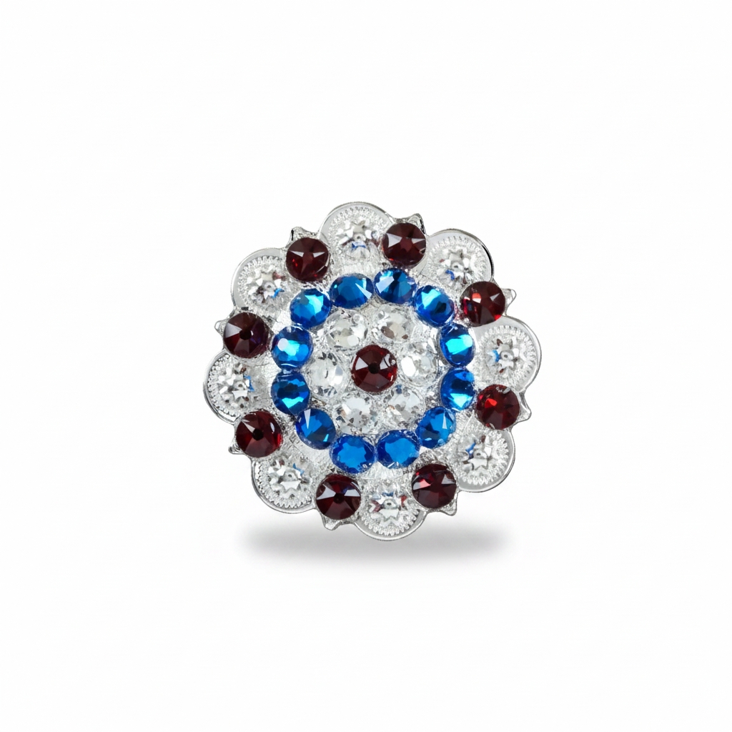 Bright Silver Red - White - Blue Crystal Conchos | Sizes 1"- 3" | Buckles | Saddle Set | Leather Rosettes | Slide