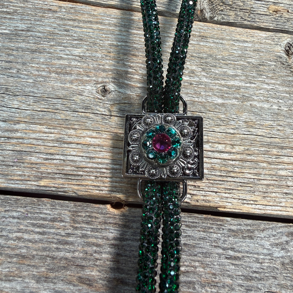 Emerald Rhinestone Bolo Tie with Crystal Slide