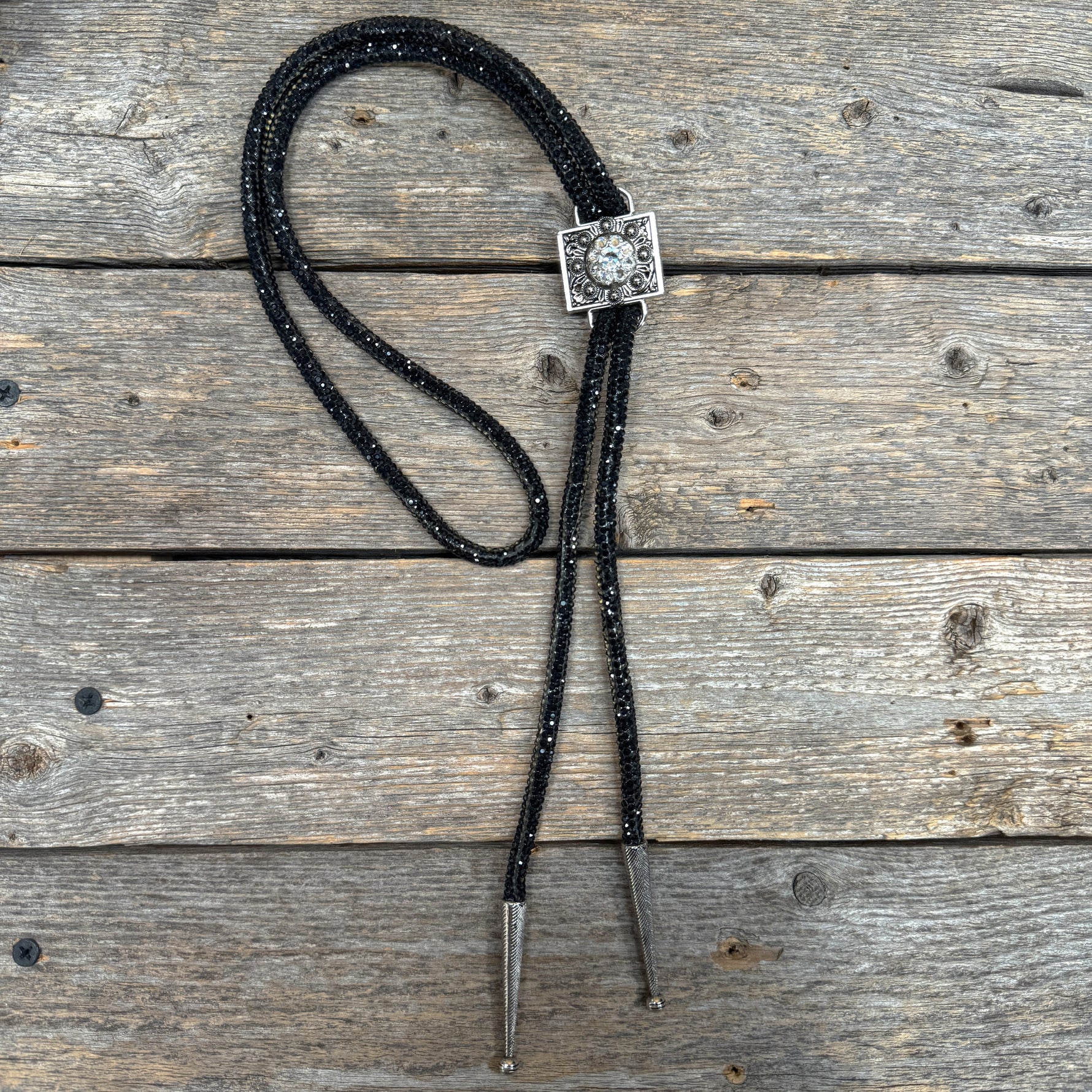 Black Rhinestone Bolo Tie with Crystal Slide