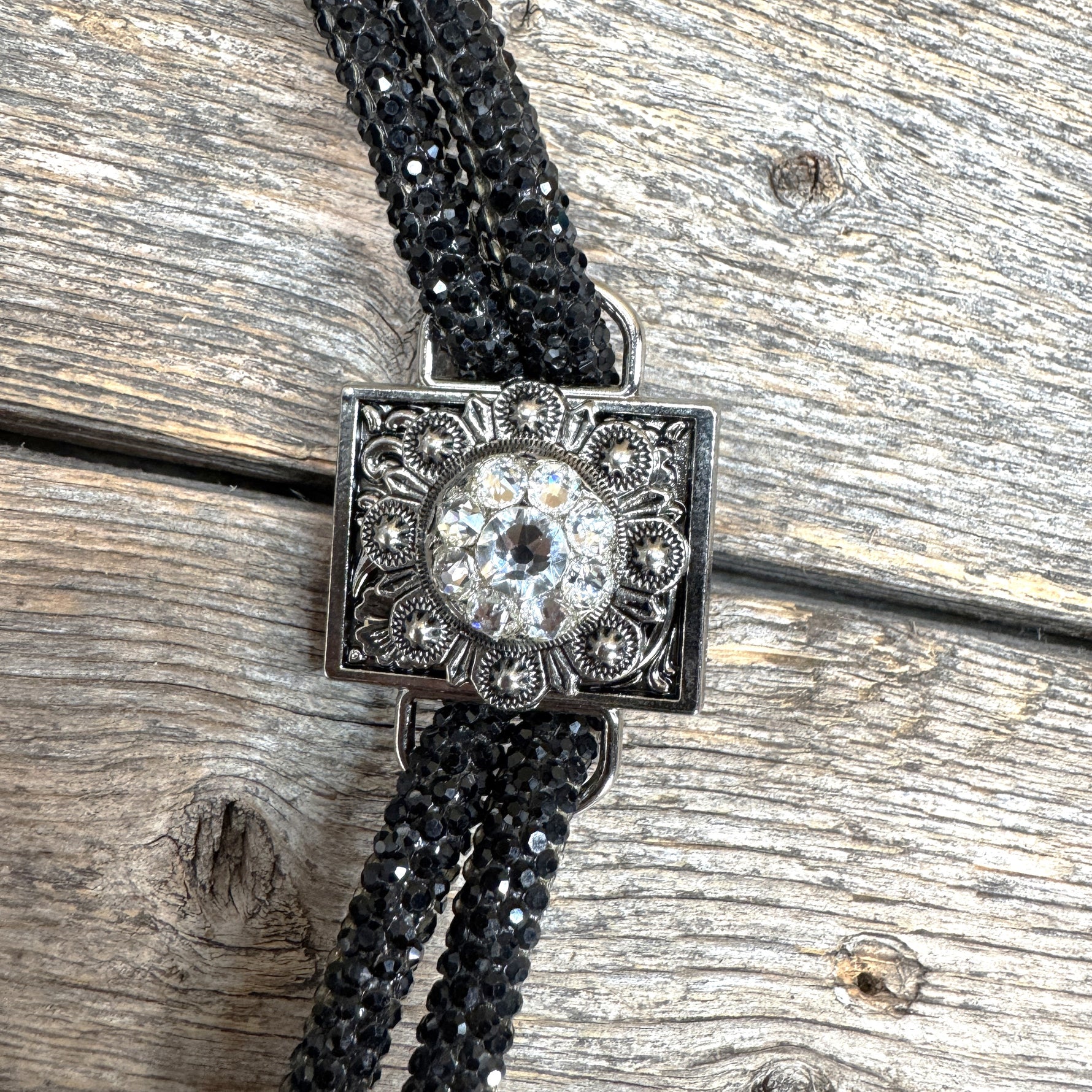 Black Rhinestone Bolo Tie with Crystal Slide