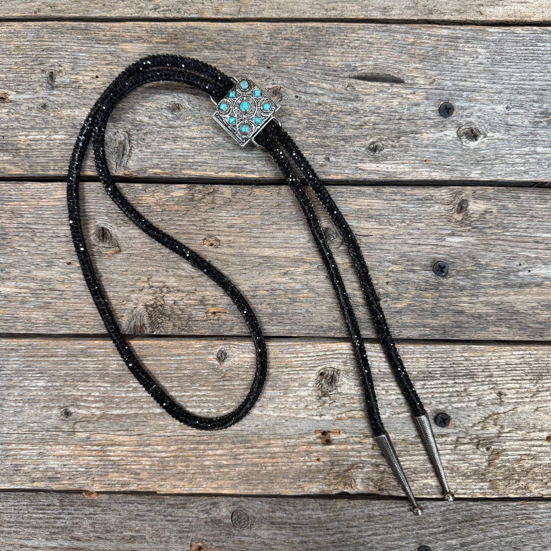 Black Rhinestone Bolo Tie with Turquoise Slide