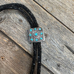 Black Rhinestone Bolo Tie with Turquoise Slide