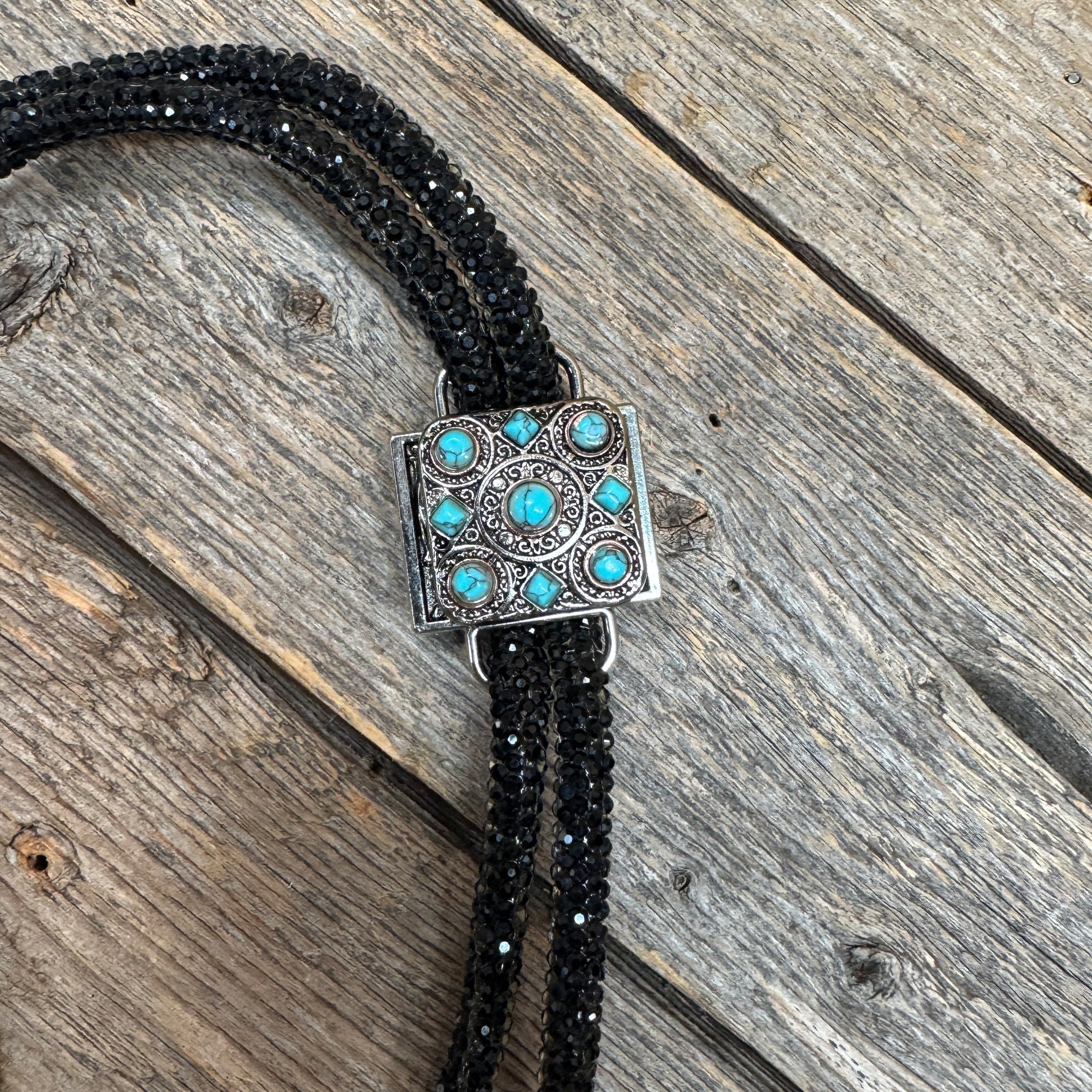 Black Rhinestone Bolo Tie with Turquoise Slide
